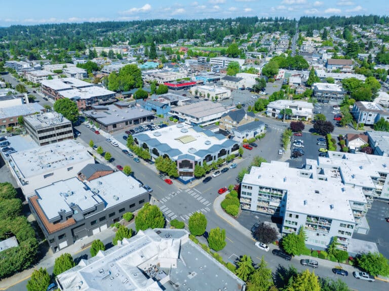Aerial Shot of Waterworks Building and Surroundings in Edmonds, WA