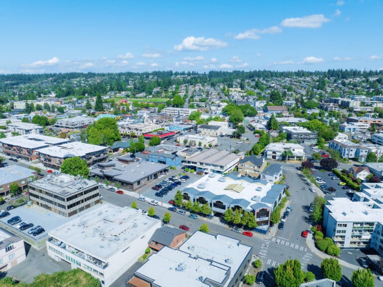 Aerial Shot of Waterworks Building and Surrounding streets in Edmonds, WA