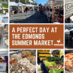 Collage with market stalls at the Edmonds Summer Market with text "A Perfect Day at The Edmonds Summer Market"
