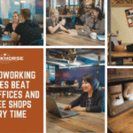 Collage of Workhorse Coworking members with text "Why Coworking Spaces Beat Home Offices and Coffee Shops Every Time"