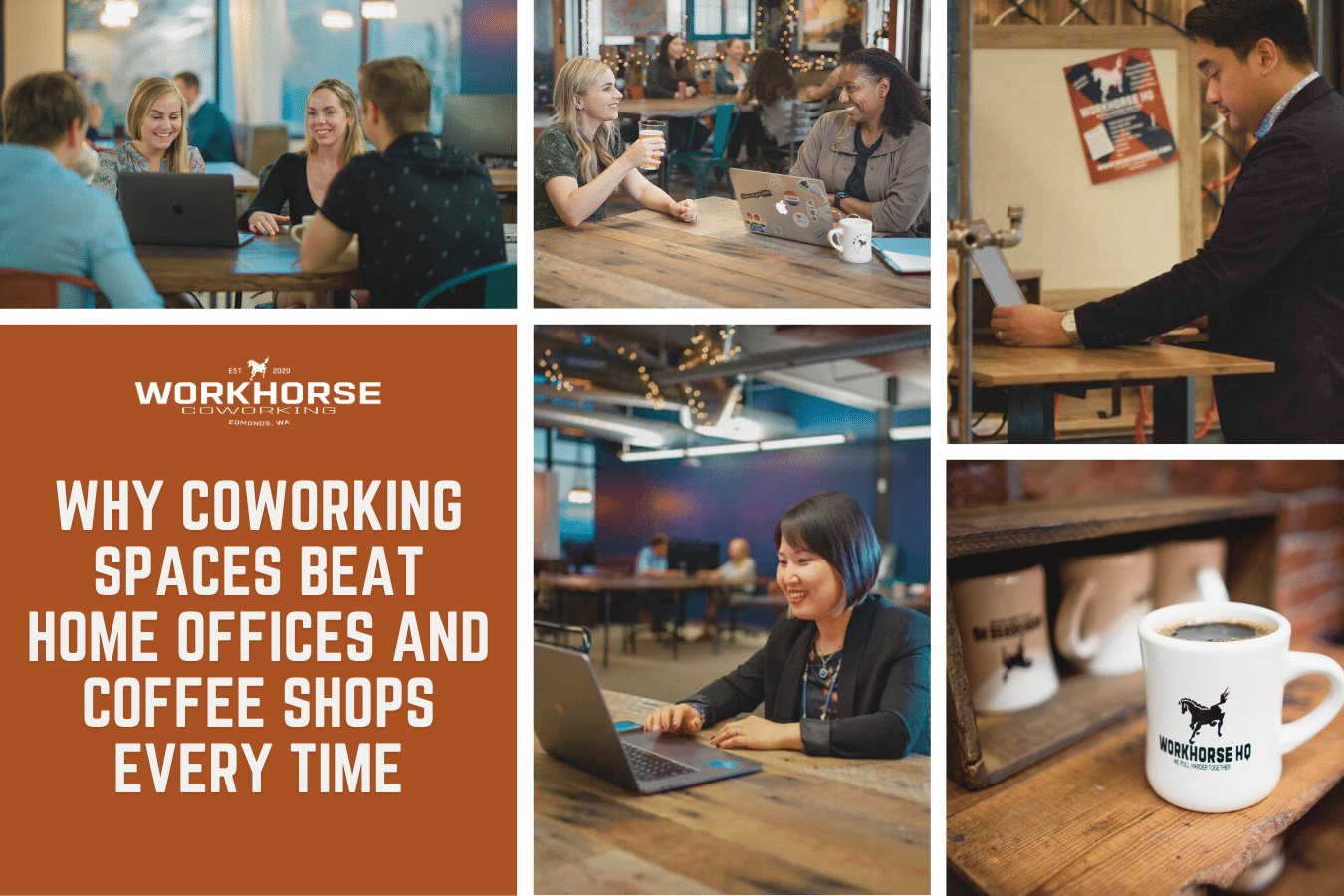 Collage of Workhorse Coworking members with text "Why Coworking Spaces Beat Home Offices and Coffee Shops Every Time"