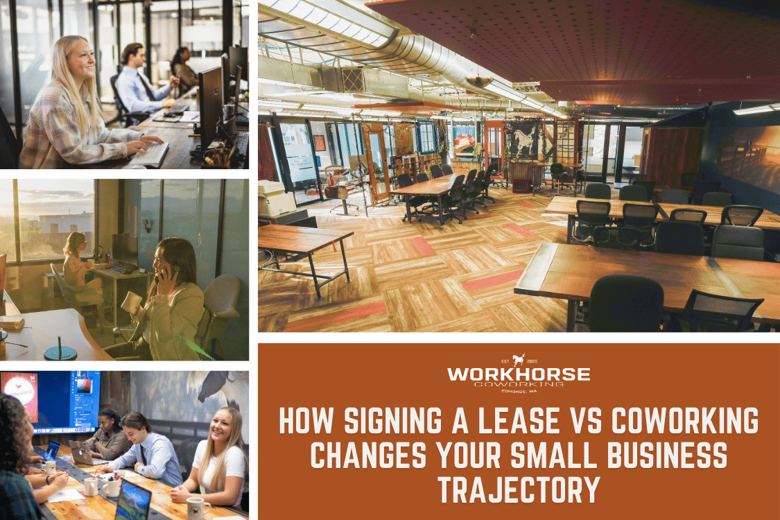 How Signing a Lease vs Coworking Changes Your Small Business Trajectory text with collage