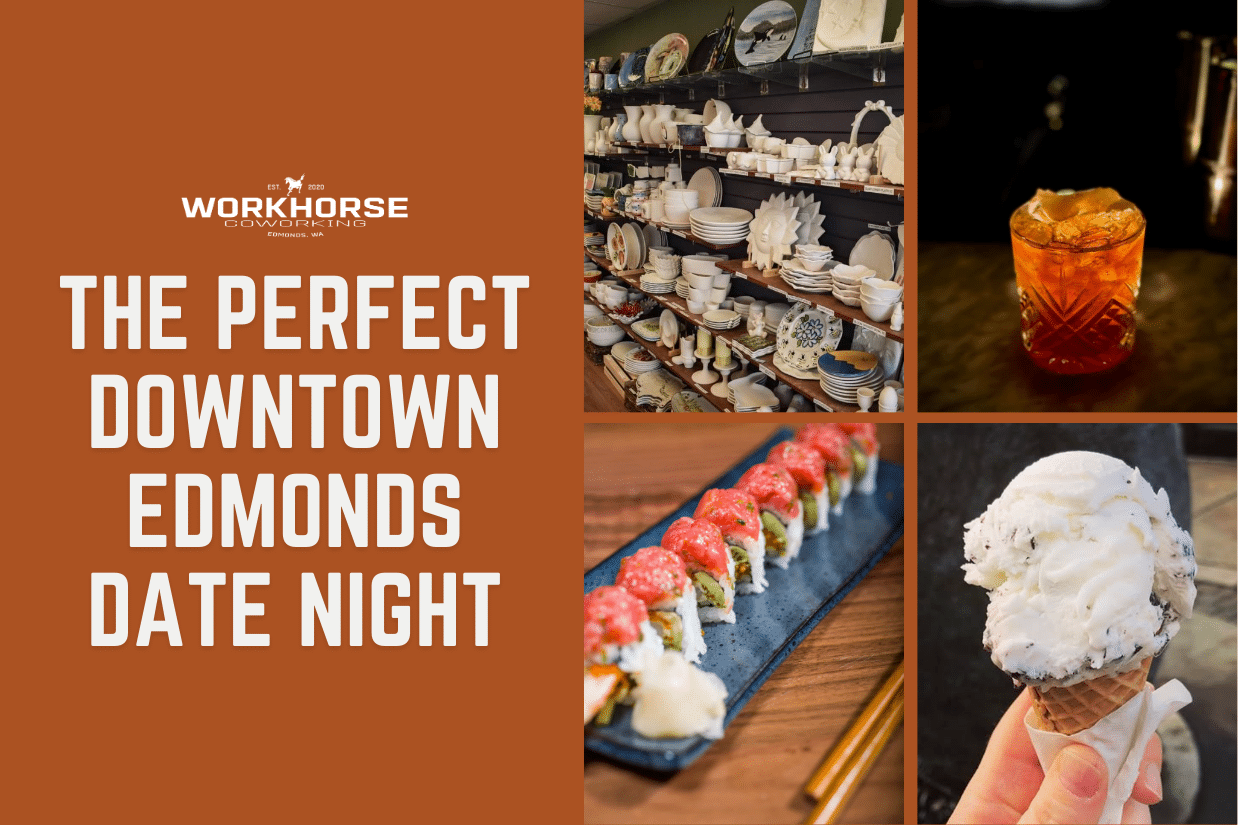 "The Perfect Downtown Edmonds Date Night" with pictures from Glazed & Amazed, Bar Americano, SanKai, and Canarino Gelato