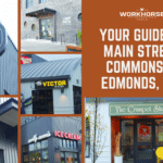 "Your Guide to Main Street Commons in Edmonds, WA" with storefront photos from each of the 6 businesses in Edmonds' Main Street Commons